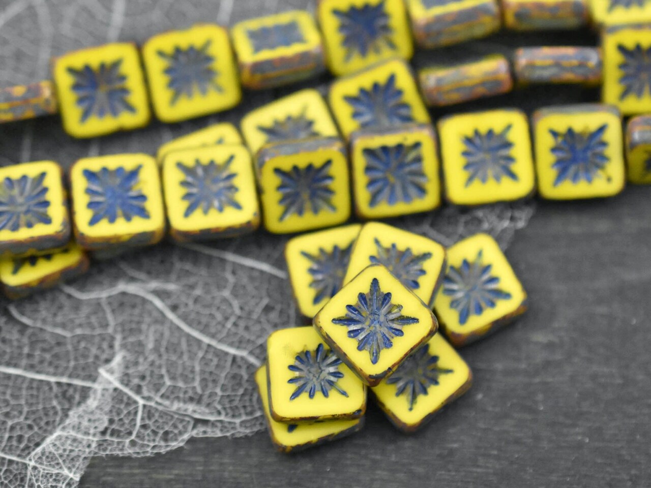 *10* 10mm Turquoise Washed Opaque Yellow Travertine Starburst Flat Square Beads